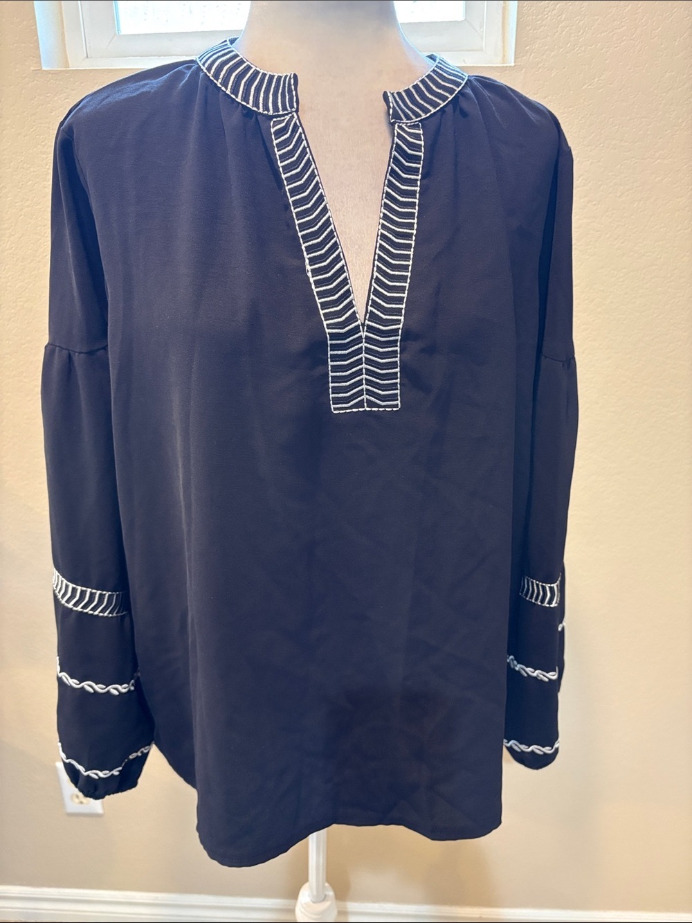 Black Puffed Long Sleeve Tunic Top with White Embroidered Trim